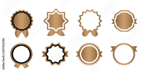 Eight elegant golden and bronze badges and seals, with varied shapes and ribbons, on a white background.