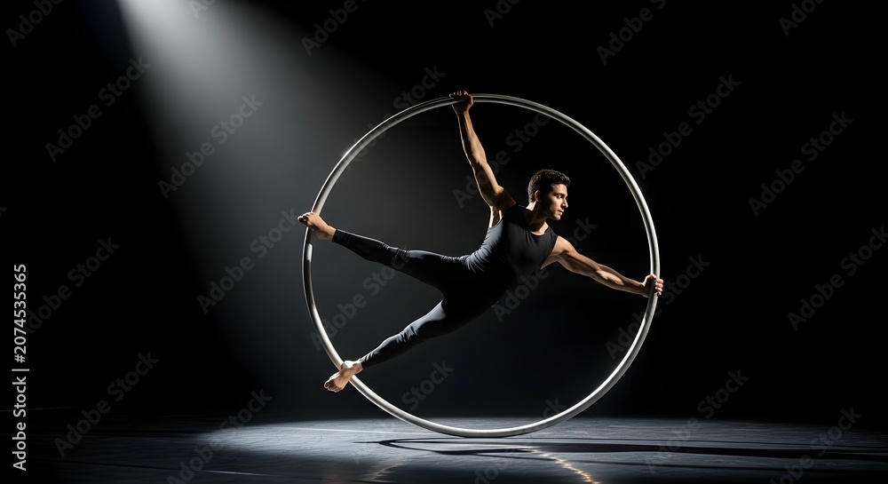 Obraz premium Male acrobat performing in aerial hoop under spotlight
