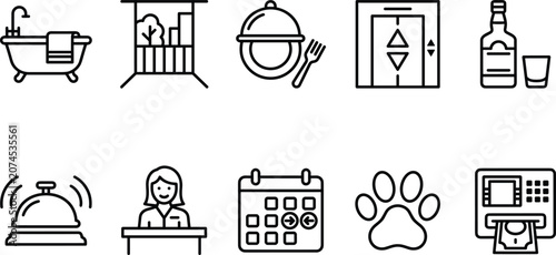 Εκτύπωση καμβά Hotel amenities icons set linear collection for hospitality services room booking reservation or guest checkin