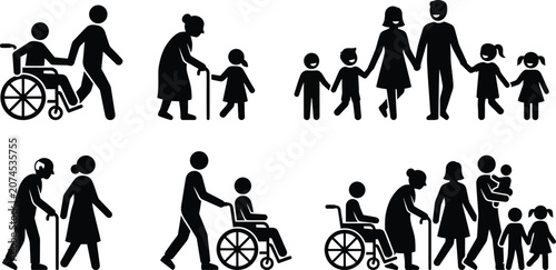 Tableau sur toile Set of 6 inclusive family silhouette vectors showing detailed stick figures for beautiful community designs without any bad or hostile social exclusion