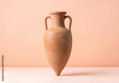 Perfectly restored ancient Roman clay amphora vessel standing on a neutral surface, isolated on transparent background for museum display.