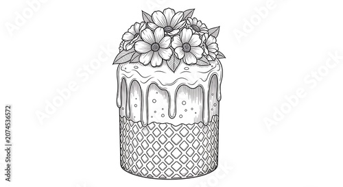Black and white line of a traditional easter cake decorated with a bouquet of flowers kulich bread