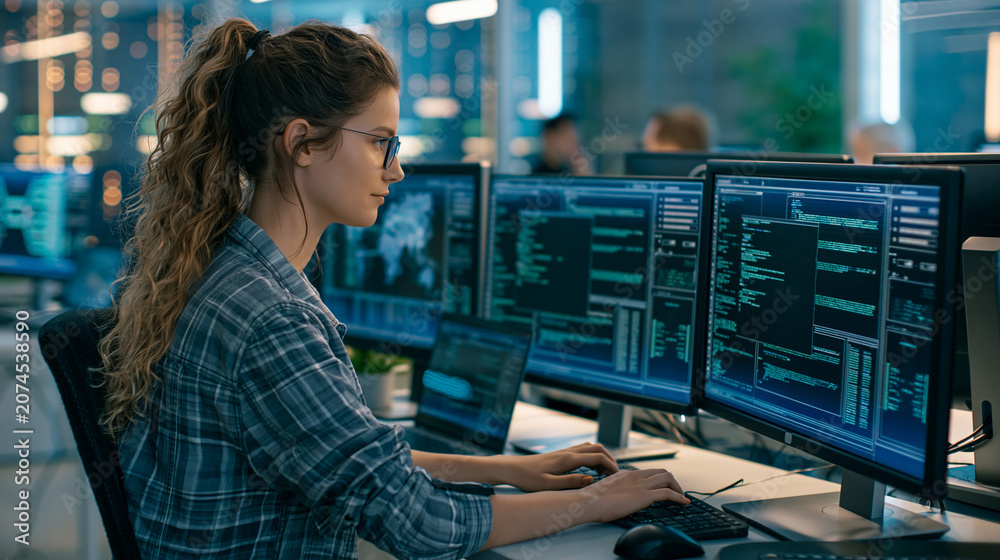 Fototapeta premium Female Software Developer Coding on Multiple Monitors in Modern Startup Office