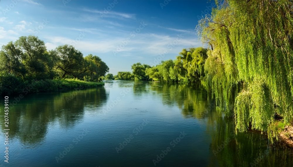 Fototapeta premium Serene River With Weeping Willow Trees On Bank