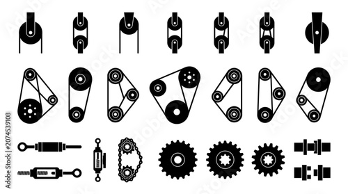 Vector set of mechanical engineering components including pulleys, belts, gears, sprockets, and shafts for industrial machinery design