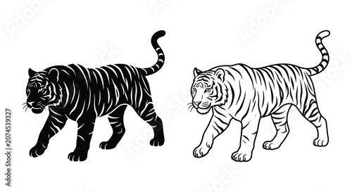 Foto Two tigers in dynamic poses a black silhouette and a white striped version vecto