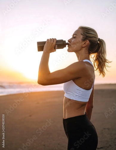 Fit Young Woman Drinking Water on Sandy Beach at Sunset