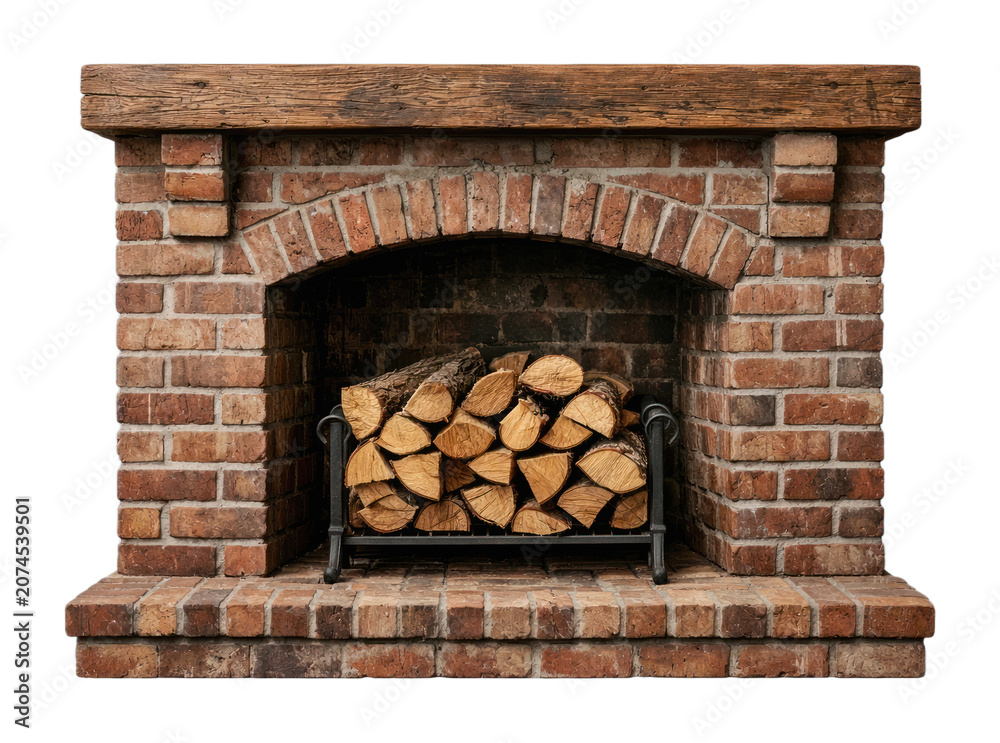 Obraz premium PNG Rustic brick fireplace with logs.