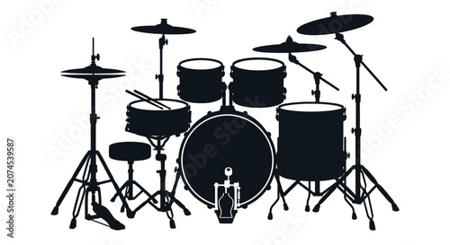 Fotografia A complete drum kit setup presented as a black silhouette against a white backgr