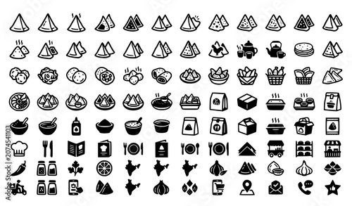 Foto Samosa Black Flat Vector Icons Bundle Traditional Street Food Collection