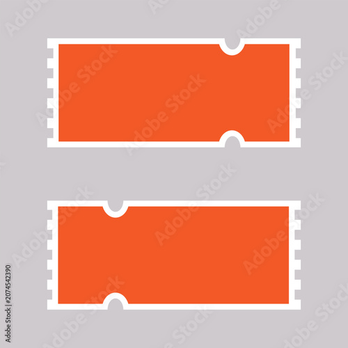 Two blank orange tickets with perforated edges and tear-off points, for events, promotions, or discount vouchers.