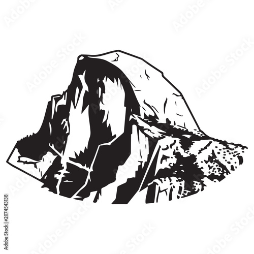 Half Dome mountain peak vector illustration in black and white stencil style for outdoor adventure and travel branding