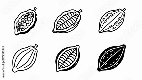 Photos Cocoa Pod Icons: Whole, Halved, and Cut Open Illustrations