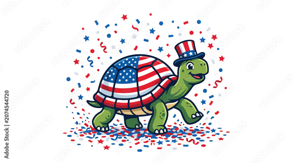 Obraz premium Happy cartoon turtle wearing top hat with American flag shell surrounded by confetti