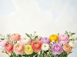 Spring floral frame border featuring vibrant ranunculus flowers with eucalyptus greenery against light sky blue clouds background.