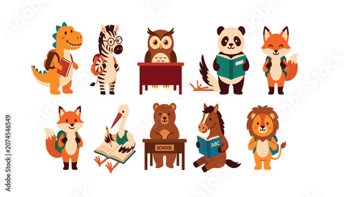 Photography Cute cartoon animals going back to school collection set, funny forest and safari characters reading books flat vector illustration isolated on white background