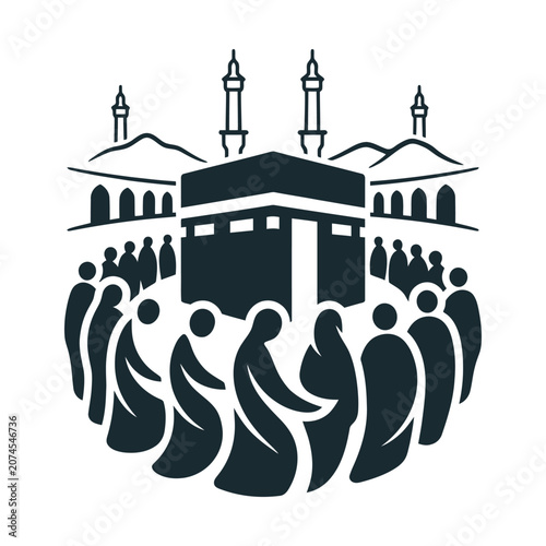 Fotografie Islamic Kaaba pilgrimage vector icon, Muslim pilgrims performing Tawaf in Mecca,