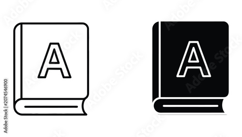 Professional Minimal Vector Icon Book with letter A on cover for educational vector icons Editable Stroke, Outline and Solid Style, Black Monochrome, Isolated on White Background