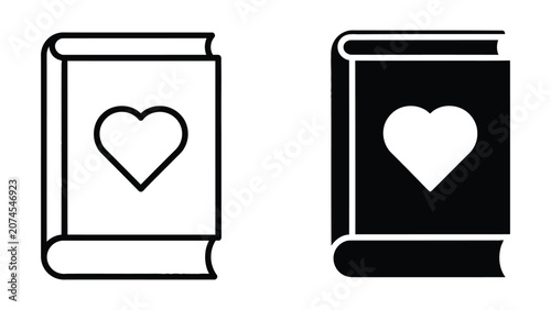 Professional Minimal Vector Icon Book with heart symbol on cover for romantic vector icons Editable Stroke, Outline and Solid Style, Black Monochrome, Isolated on White Background