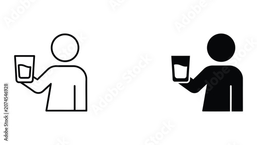 Professional Minimal Vector Icon Person drinking water from glass vector icon set Editable Stroke, Outline and Solid Style, Black Monochrome, Isolated on White Background