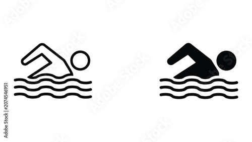 Professional Minimal Vector Icon Person swimming in water waves vector icon set Editable Stroke, Outline and Solid Style, Black Monochrome, Isolated on White Background