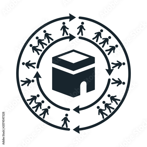 Islamic Hajj pilgrimage icon, Kaaba tawaf ritual with people walking in circles, Muslim religious worship vector
