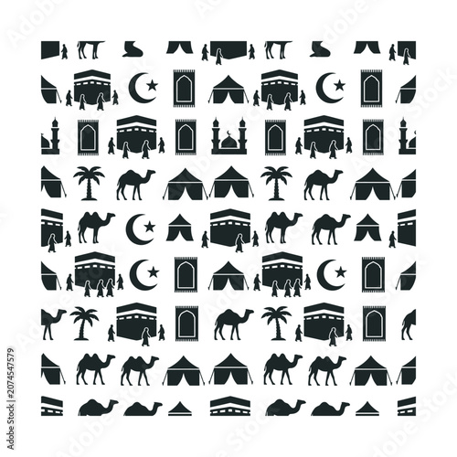 Fotografía Islamic seamless pattern with Kaaba and camels, black and white Hajj pilgrimage