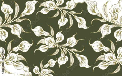 Elegant calla lily floral seamless pattern in white and olive