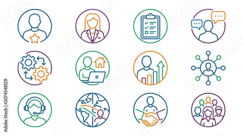 Professional User Profile Icon Collection Featuring Diverse Team Members Business Professionals Community Participants and Networking Connections with Customizable Stroke Designs for Corpora
