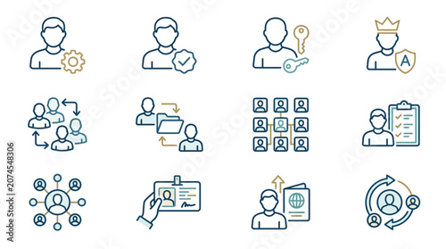 Professional user management icons set for profile ownership team collaboration networking and identity records editable stroke design elements