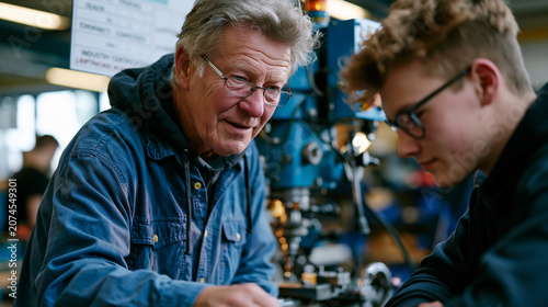 Elderly machinist instructor demonstrates precision surface grinding technique to a manufacturing apprentice at a technical college workshop, training competency checklist and industry certification