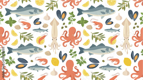 Seamless pattern with various seafood and Mediterranean ingredients.