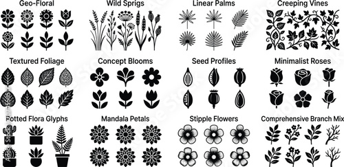 Set of diverse botanical and floral graphic elements featuring geometric flowers, wild sprigs, palm leaves, vines, foliage, seed profiles, roses, potted plants, and stipple textures for creative desig