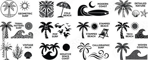 Collection of diverse beach and coastal graphic elements featuring palm trees, ocean waves, surf styles, summer nature, and stylized artistic symbols for creative design projects.