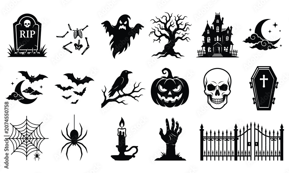 Fototapeta premium Halloween Silhouette Icons Set, Spooky Black Vector Elements for Halloween Decoration
