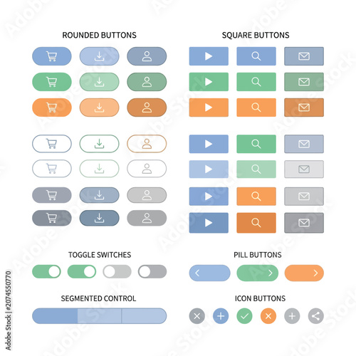 Modern UI kit with rounded and square buttons, colorful web interface elements, toggle switches and navigation icons