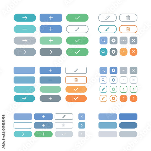 Minimalist UI button set, flat web interface icons, colorful navigation elements for mobile app and website design