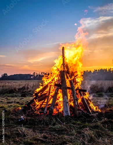 Bright Bonfire Burning on Wooden Logs in Open Field at Sunset