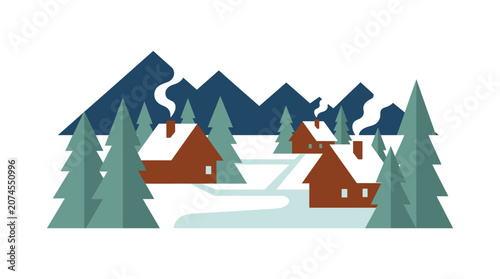 Картината върху платно Serene winter village nestled among snow-covered trees and majestic mountains evoking a sense of peacefulness and tranquility in a frozen landscape