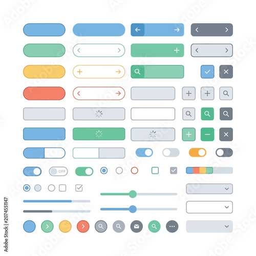 Modern UI kit vector elements, colorful flat web buttons and toggle switches, minimalist interface design components