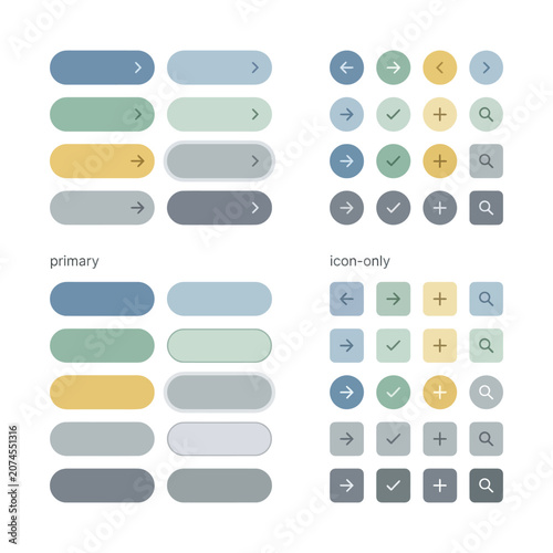 Minimalist UI button set, modern web interface elements, pastel flat design icons for mobile app and website layout