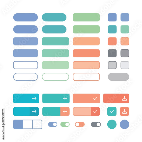 Modern UI button set in pastel colors, flat web interface elements, minimalist website navigation vector collection