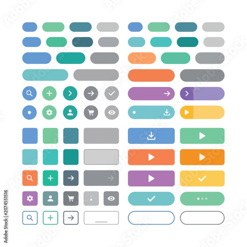 Modern UI button kit, colorful web interface elements set, flat design navigation icons for mobile app and website