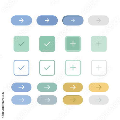 Minimalist UI button set with 20 vector icons, pastel web interface elements, modern navigation arrow and check symbols