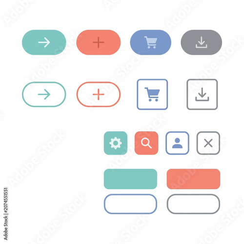 Minimalist UI button set with pastel icons, flat web interface elements, modern e-commerce navigation vector graphics
