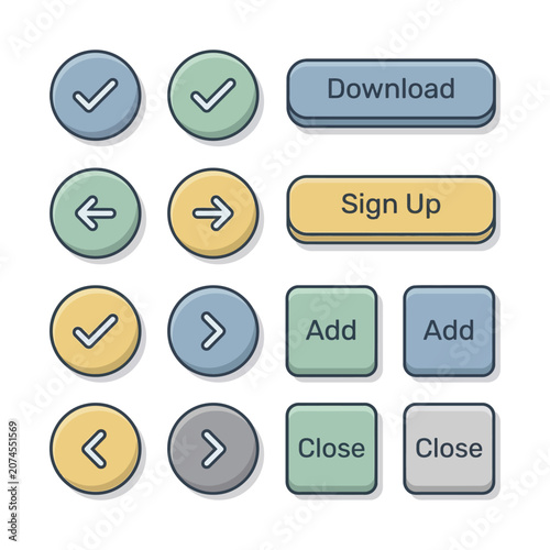 Minimalist UI button set, 14 flat vector web icons, pastel colored interface elements for website and app design