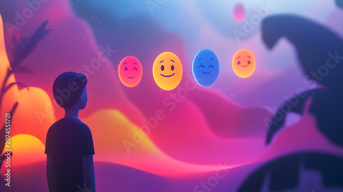 Colorful Emotional Intelligence Concept with Floating Emoji Faces and Child in Dreamlike Digital Landscape