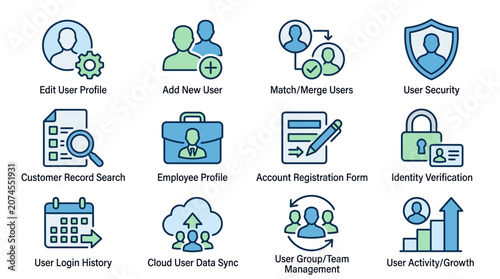Modern User Management Interface Graphics Collection with Customer Records Employee Profiles Account Registration Identity Verification and Secure Access Icons in Sleek Line Art Style for Bu