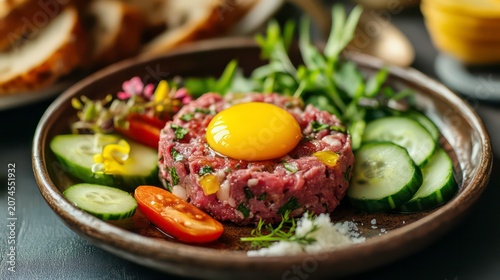 Gourmet beef tartar with egg yolk and cucumber served on a rustic plate accompanied by farmhouse bread and fresh vegetables