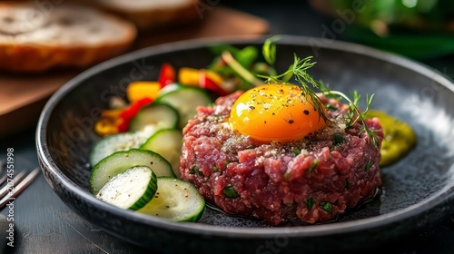 Gourmet beef tartar with egg yolk and cucumber served on a rustic plate accompanied by farmhouse bread and fresh vegetables